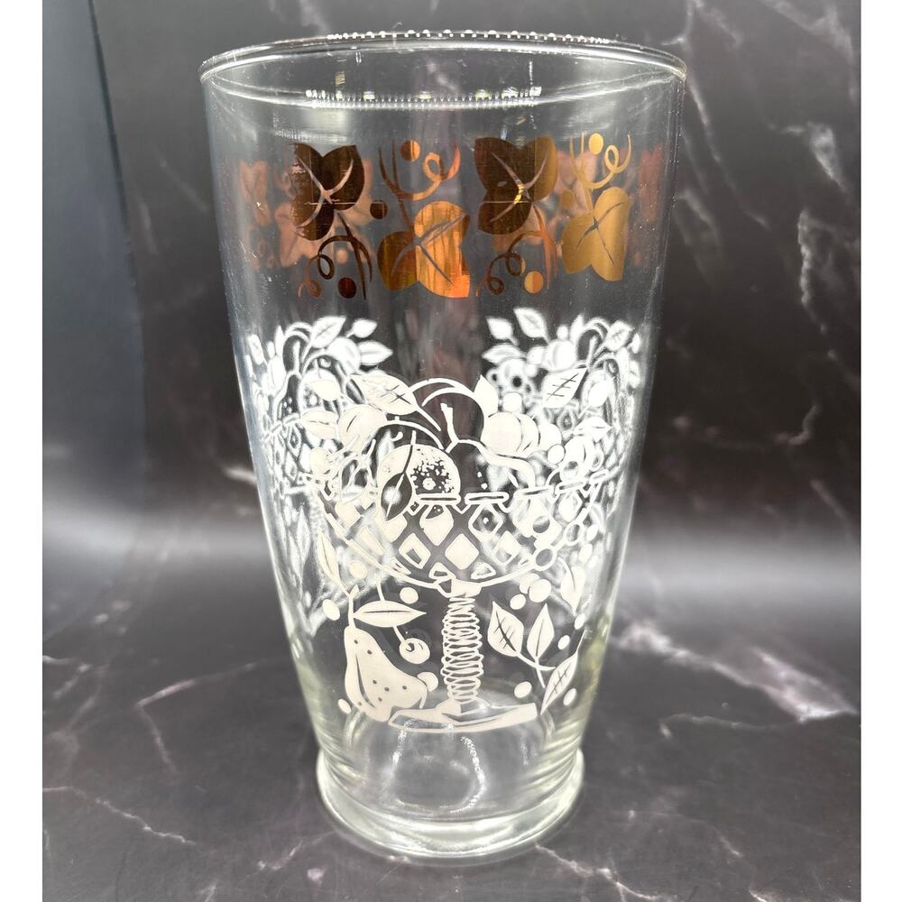 1970s Federal Glass Fruit Basket Gold Ivy Leaf Large Tumbler Iced Tea Glass